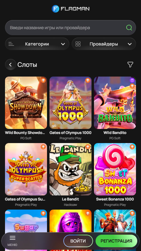 Главная страница Flagman с играми и бонусными предложениями