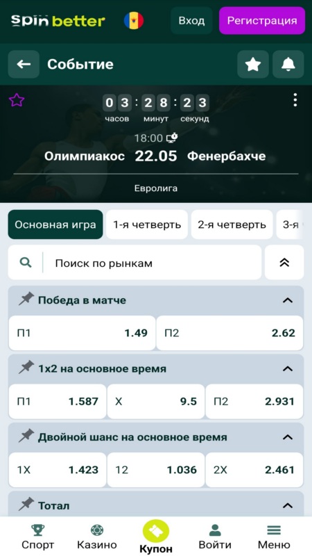 Spinbetter odds and markets